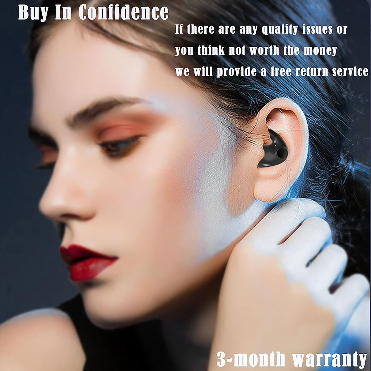 Frau mit schwarzen Ohrhörern, die sich ans Ohr fasst. Text sagt 'Buy In Confidence' und Garantieinformationen.