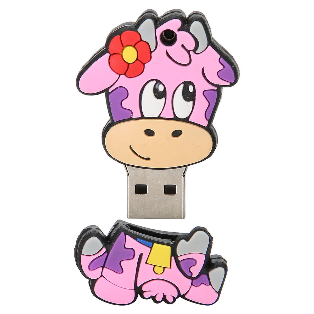 Ein rosa Kuh-USB-Stick. Die Kuh lächelt mit einer roten Blume.