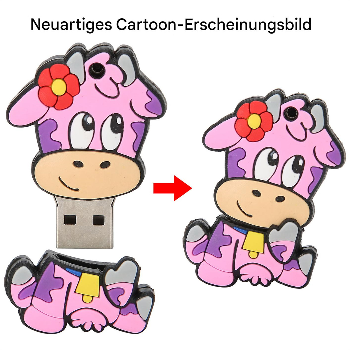 Zwei kuhförmige USB-Sticks. Text: Neues Cartoon-Aussehen. Die Kühe haben Blumen und Glocken.