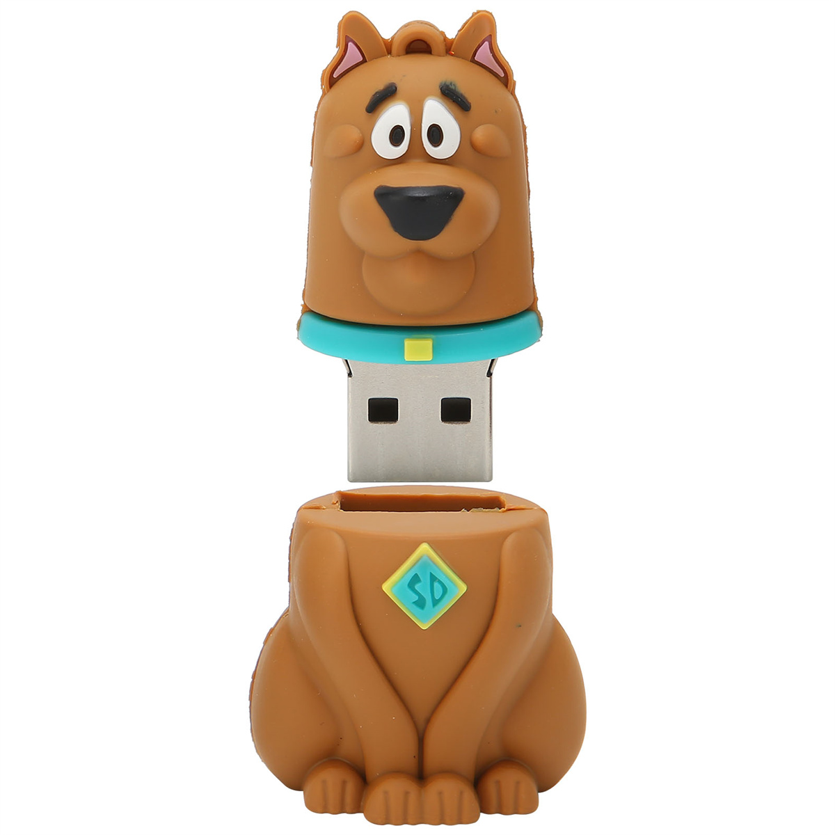 Brauner Scooby-Doo-USB-Stick, geöffnet. Scoobys Kopf oben, Körper unten, der Stecker in der Mitte.