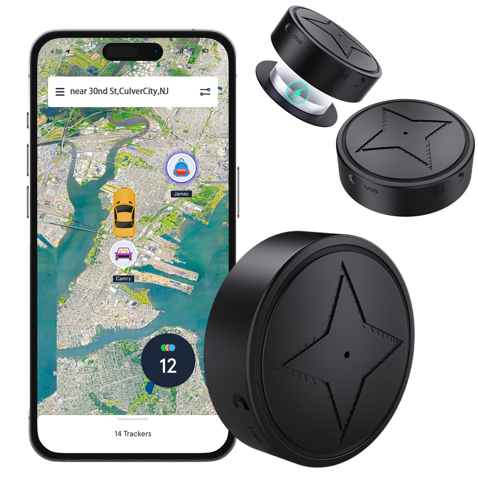 Ein Smartphone zeigt eine Karte mit einem Autosymbol und einem Tracker. Mehrere schwarze Tracker werden gezeigt.