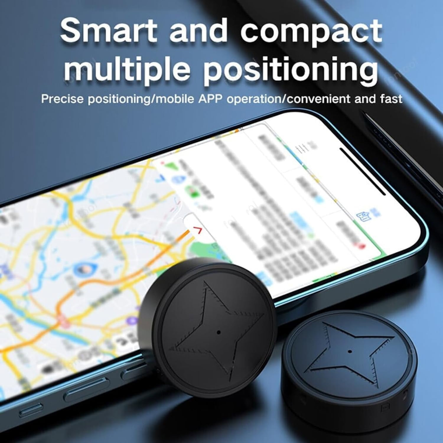 Schwarze GPS-Tracker und ein Smartphone, das eine Karte mit Standortverfolgung anzeigt.