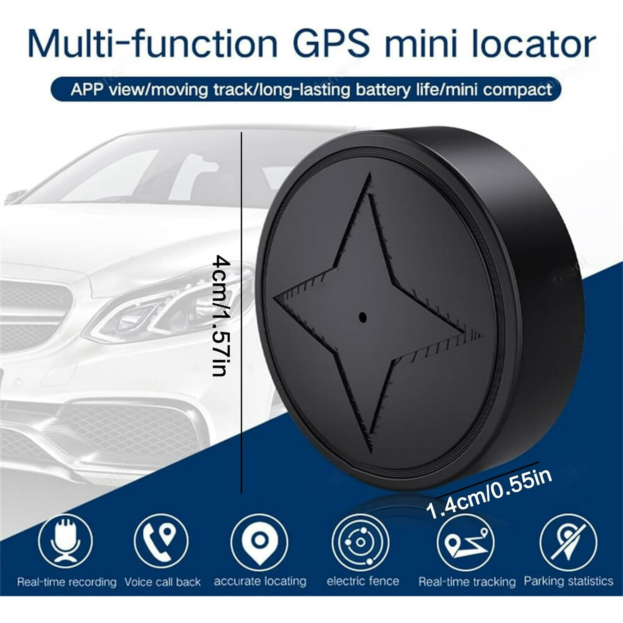 Schwarzer GPS-Mini-Locator mit Auto. Funktionen umfassen Echtzeit-Tracking und lange Akkulaufzeit.