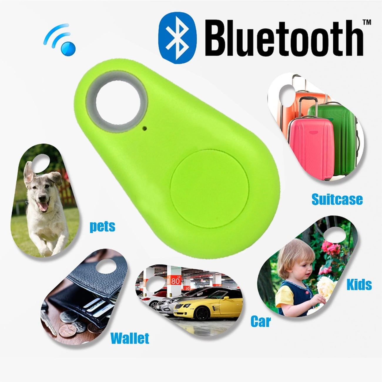 Ein grüner Bluetooth-Tracker mit Symbolen von Hund, Geldbörse, Auto, Koffer und Kindern.
