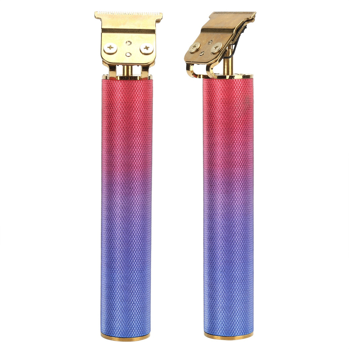 Zwei goldfarbene Haarschneidemaschinen mit rot-blauem Farbverlauf, auf weißem Hintergrund.