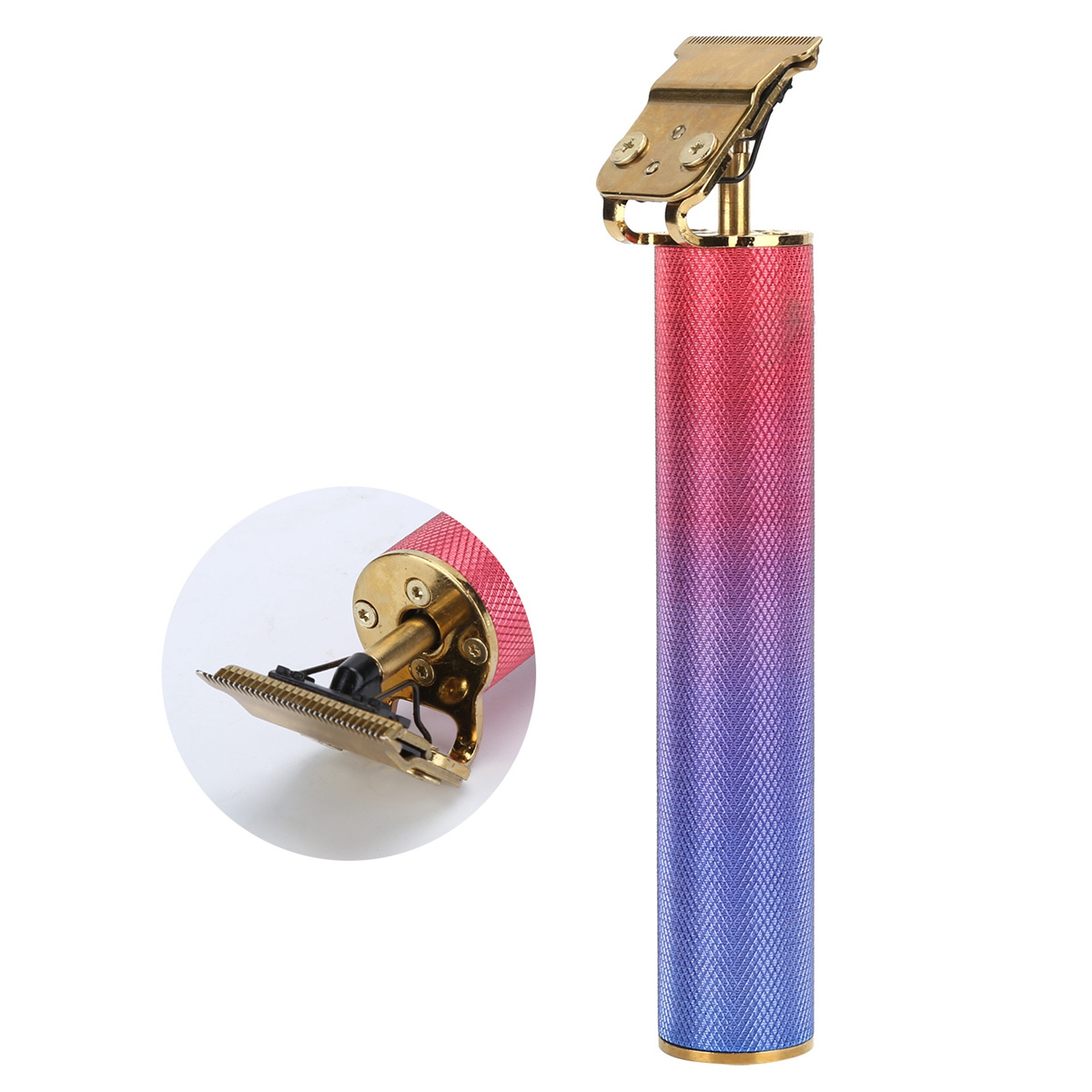 Ein rot-blauer Haarclipper mit detaillierter Nahaufnahme.