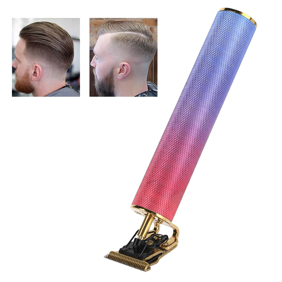 Haarschneider mit Farbverlauf von Rot nach Blau. Beispiele für Frisuren.