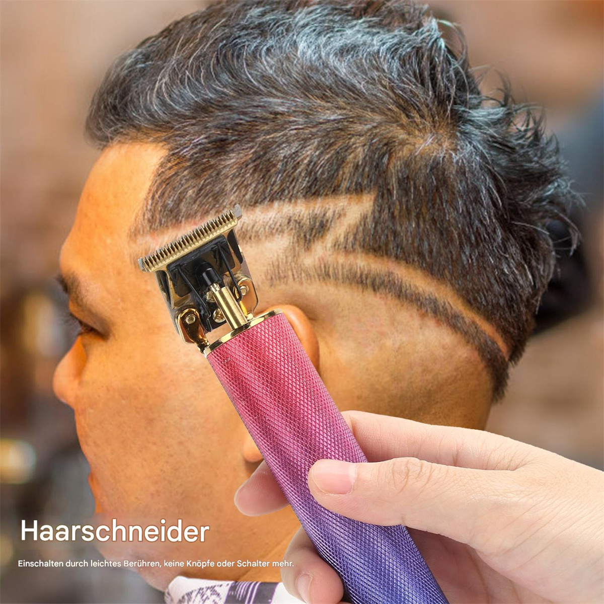 Der Kopf eines Mannes mit einem modernen Haarschnitt, der mit einem Trimmer getrimmt wird.