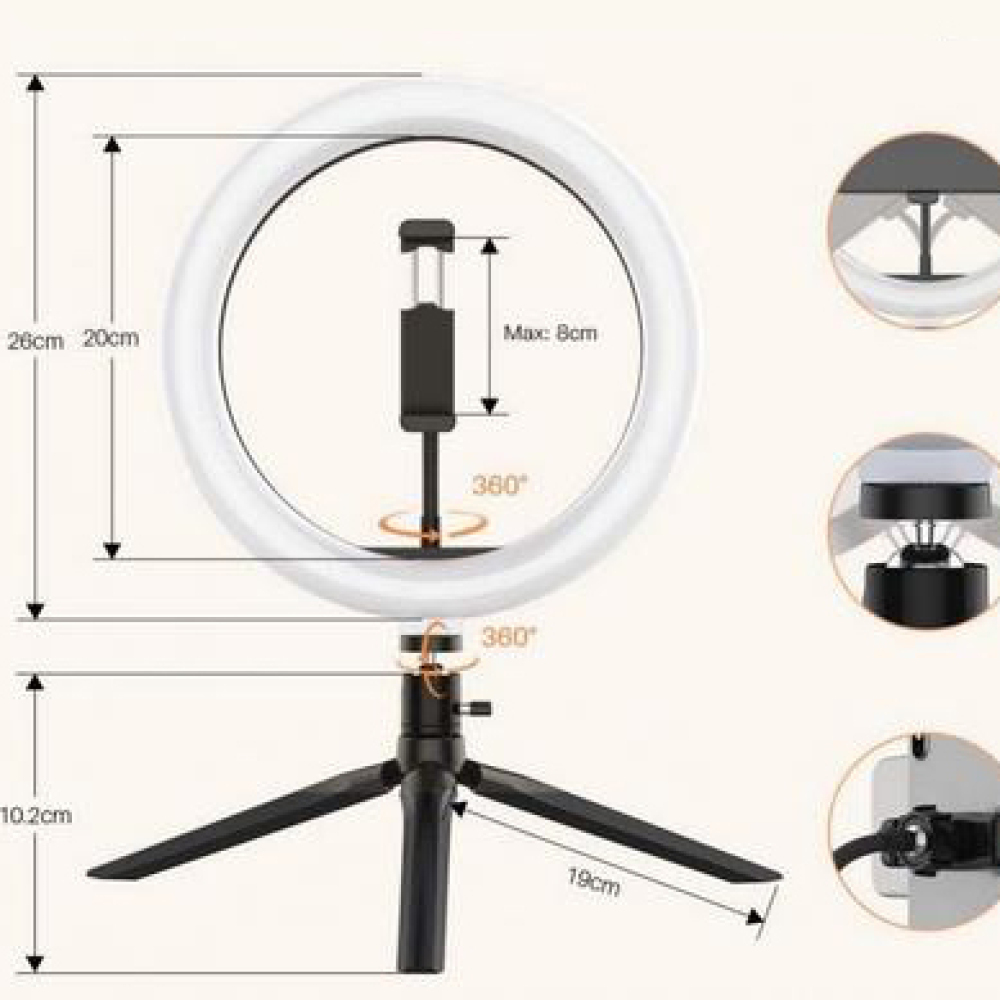 Una luce ad anello su un treppiede, con dimensioni e primi piani e uno sfondo nero.