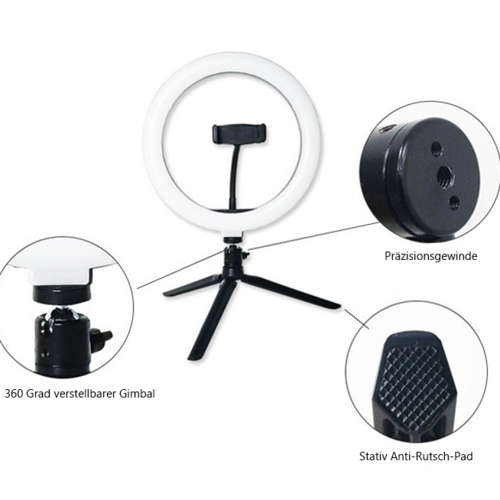 Una ring light con supporto per telefono, un treppiede e dettagli in primo piano.