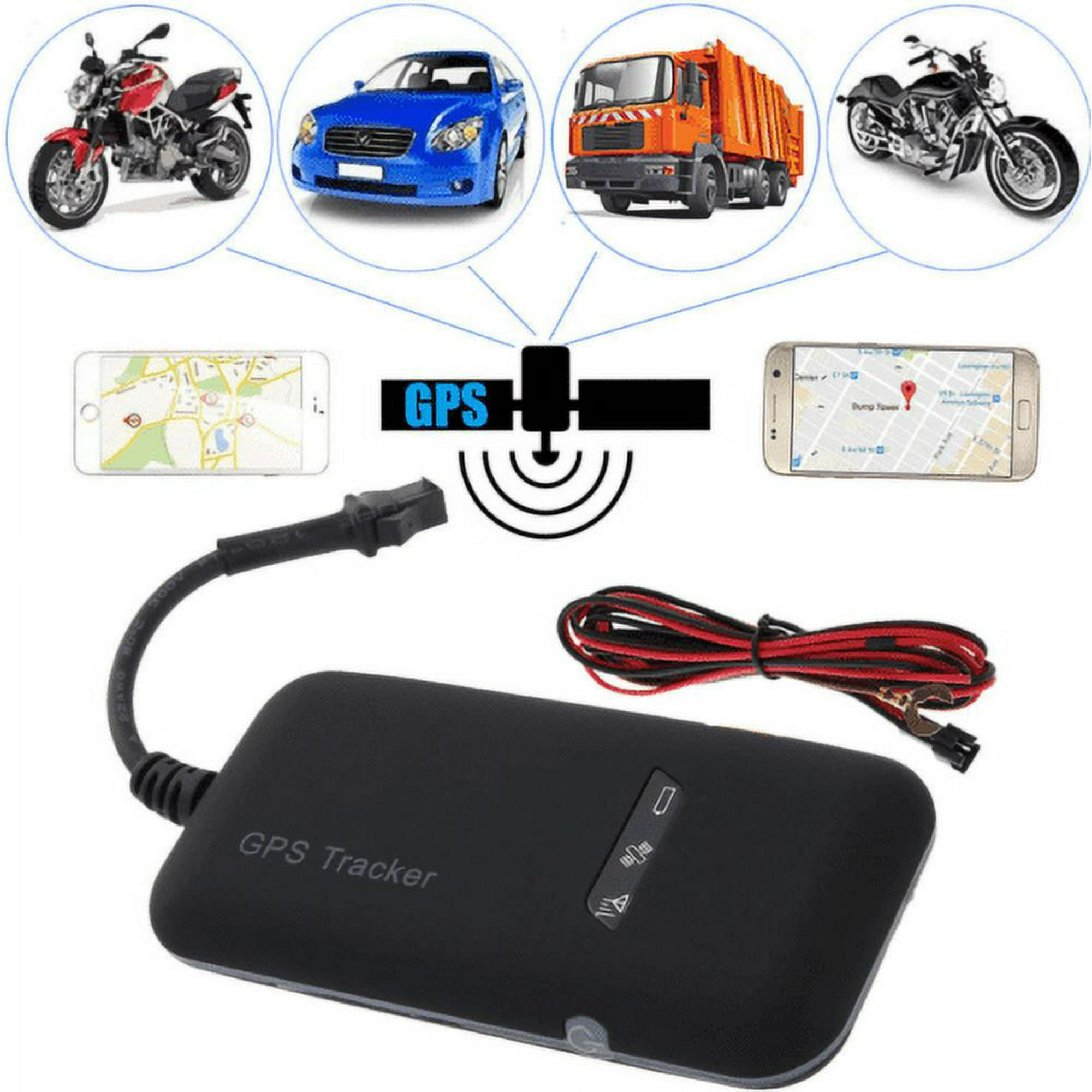 Schwarzer GPS-Tracker mit GPS-Symbol, verbunden mit Fahrzeugen und Telefonen.