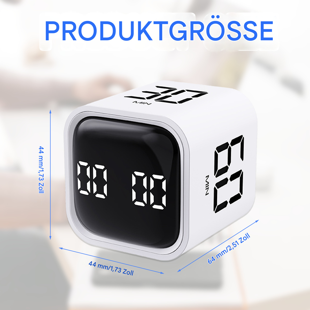 Weißer Würfel-Timer mit digitaler Anzeige, die Zeit und Abmessungen zeigt.