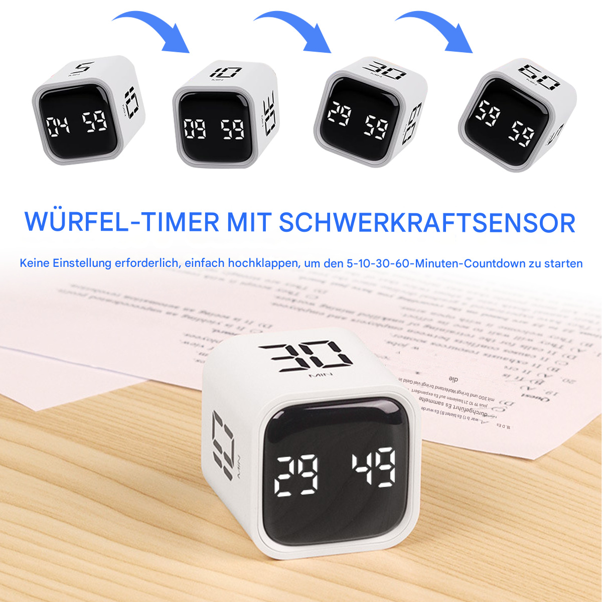Weißer Würfel-Timer mit Digitalanzeige, die die Zeit anzeigt, eingestellt auf 5, 10, 30 und 60 Minuten.