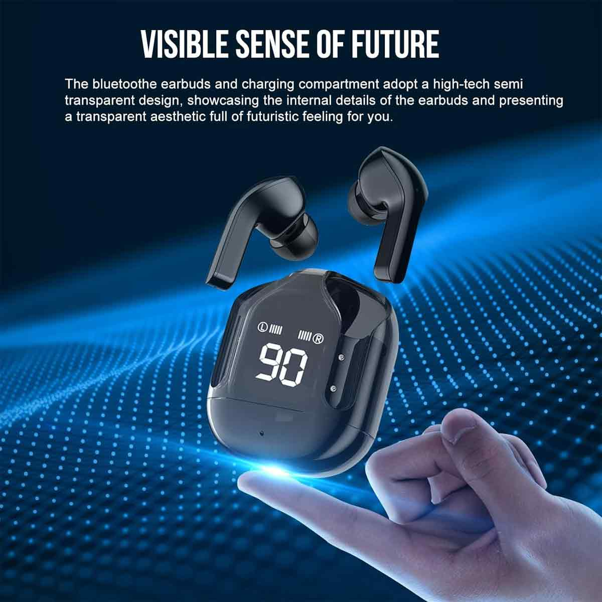 Schwarze kabellose Ohrhörer und Ladeetui. Das Etui zeigt eine Zahl an. Der Text lautet 'VISIBLE SENSE OF FUTURE'.