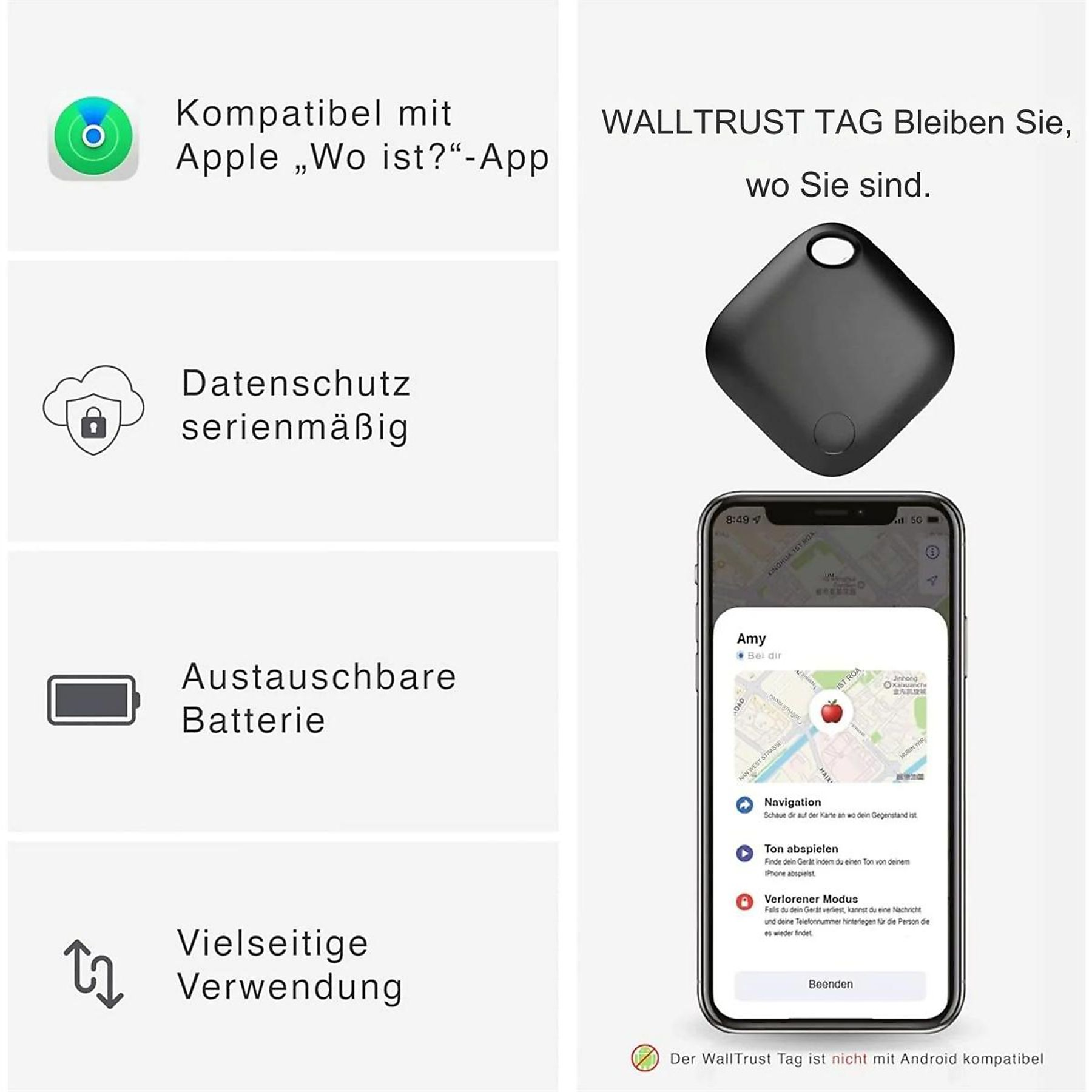 Ein Ortungsgerät mit einem Telefon, das eine Karte zeigt. Merkmale: kompatibel mit Apple, Batterie und vielseitige Verwendung.