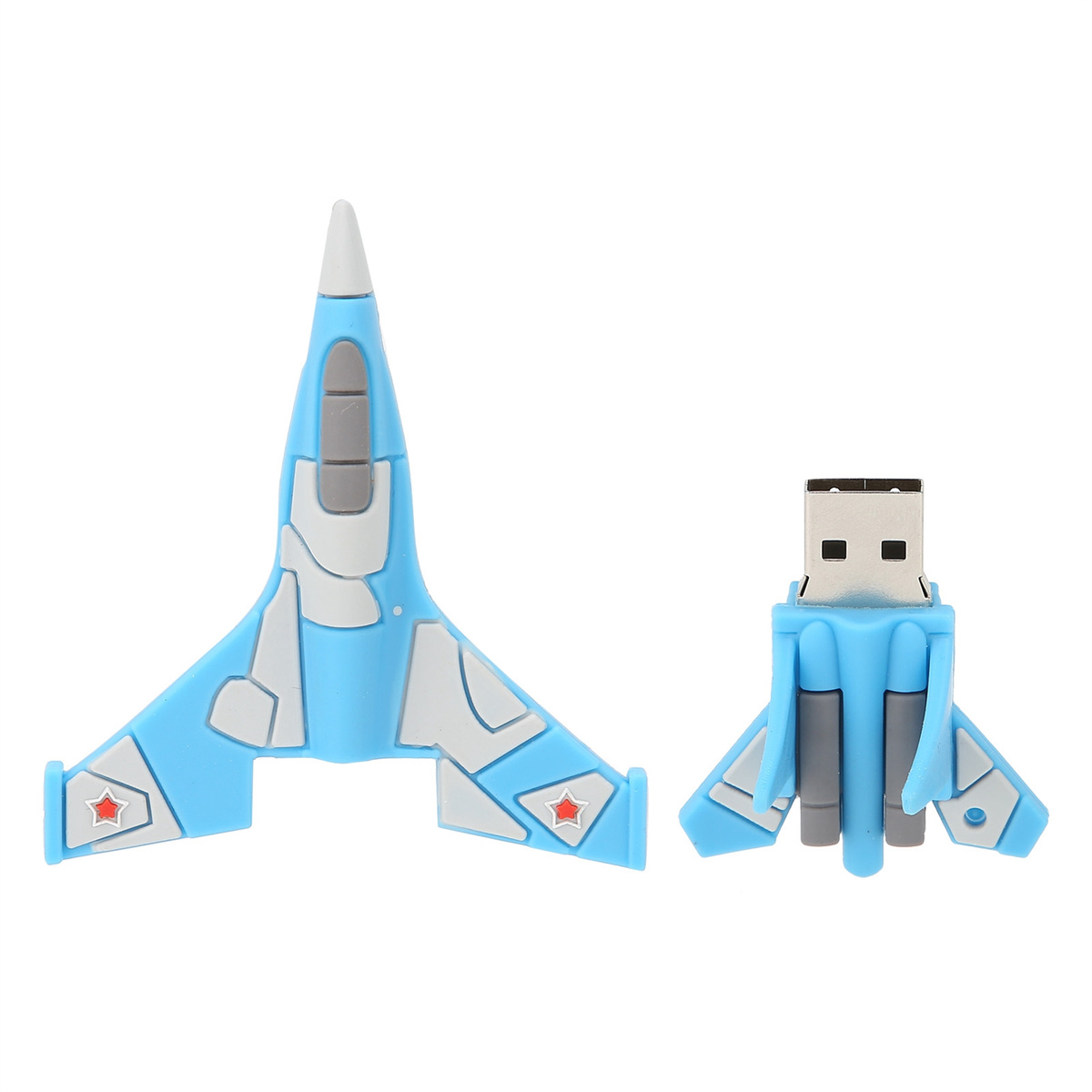 Blaue und graue USB-Sticks in Flugzeugform, die verschiedene Designs und Details zeigen.