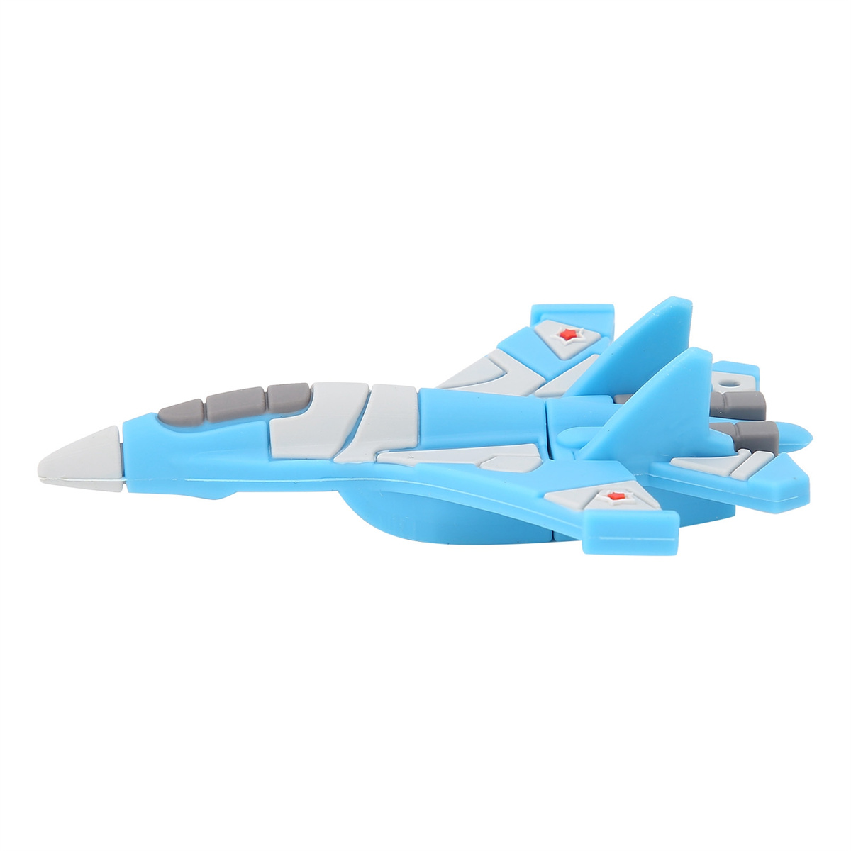 Blaues und weißes Spielzeugflugzeug auf weißem Hintergrund. Das Flugzeug hat ein Düsenjäger-Design.