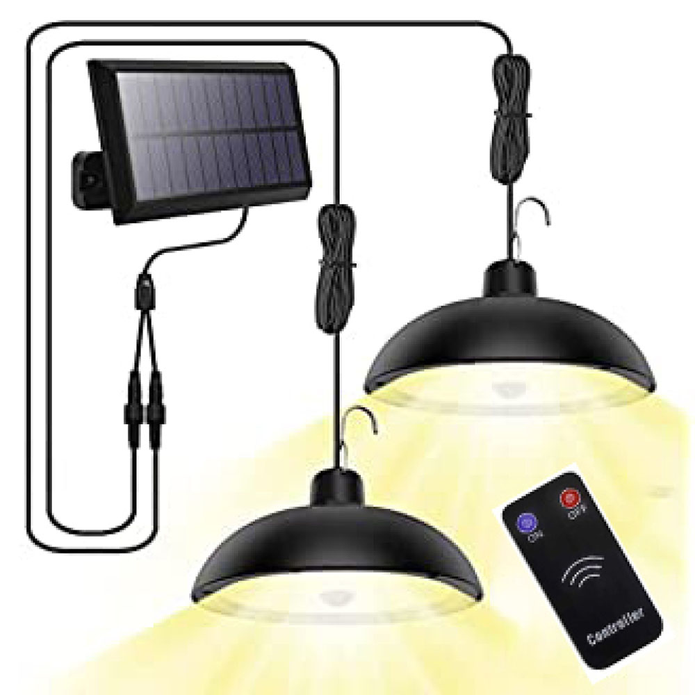 Zwei schwarze, solarbetriebene Hängelampen mit Fernbedienung, vor weißem Hintergrund.