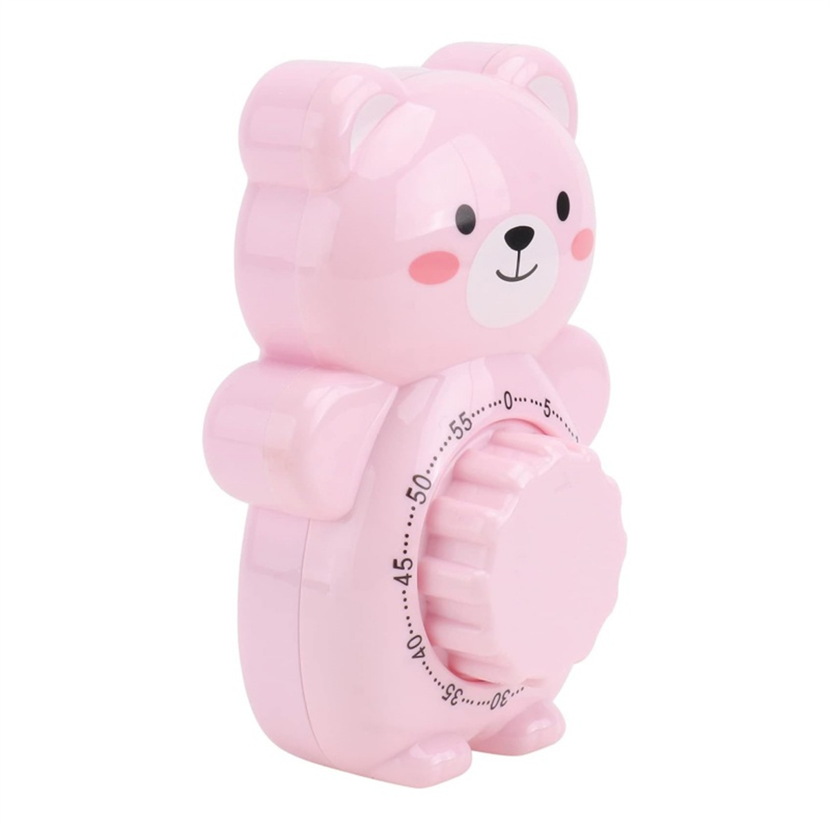 Rosa bärenförmiger Küchentimer mit Drehknopf und nummerierten Markierungen.