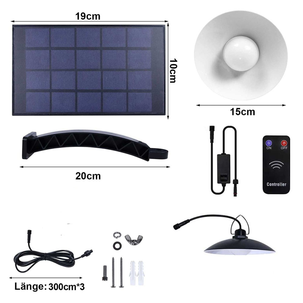 Solarpanel, Lampe und Fernbedienung. Abmessungen und Etiketten. Komponenten zur Installation.