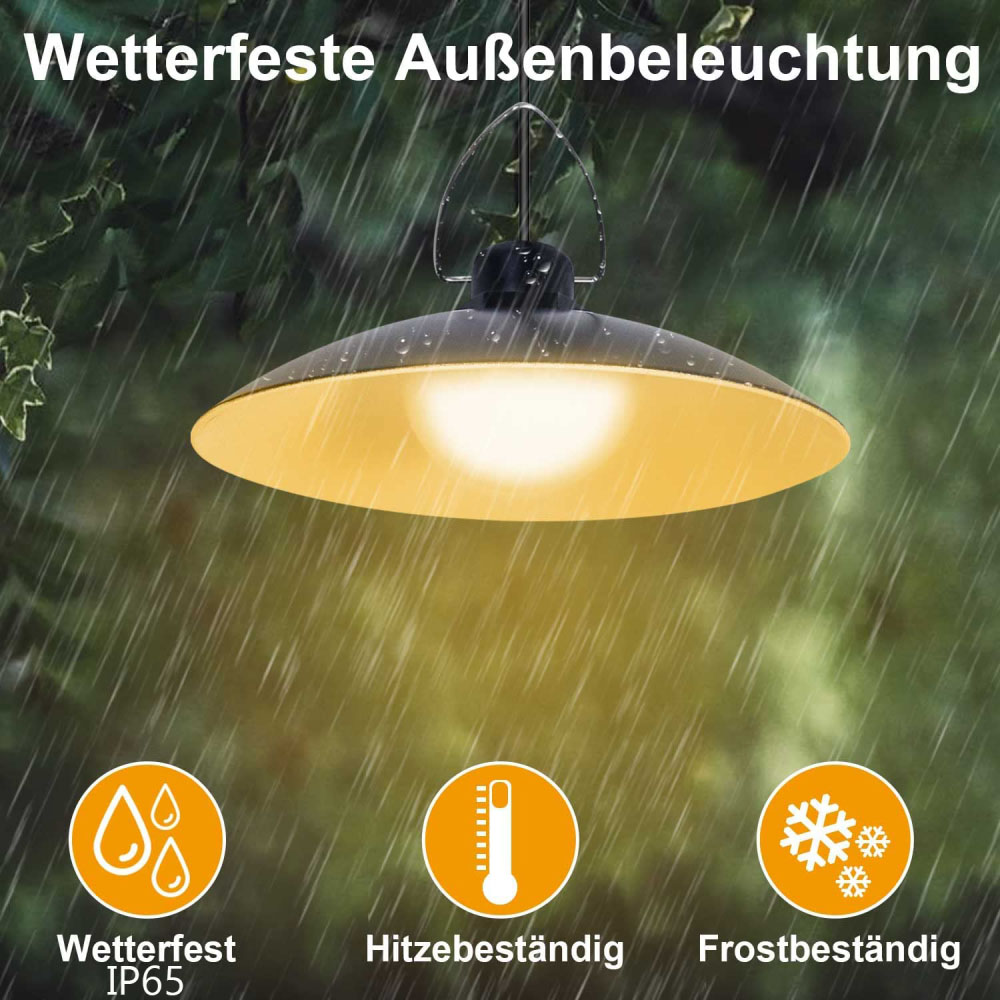 Hängende Außenlampe mit gelbem Licht, mit Symbolen für Wasserdichtigkeit, Hitze- und Frostbeständigkeit.