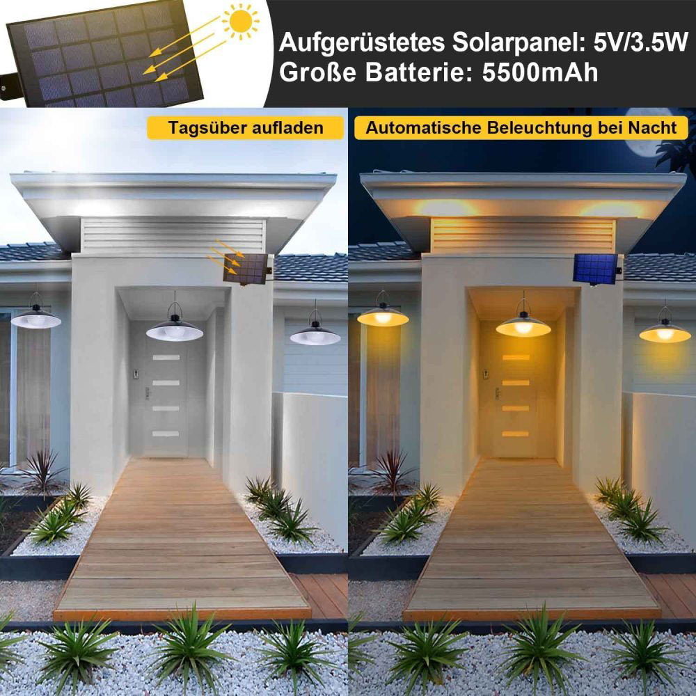 Ein Haus mit Sonnenkollektoren auf dem Dach, mit Solarleuchten bei Nacht.