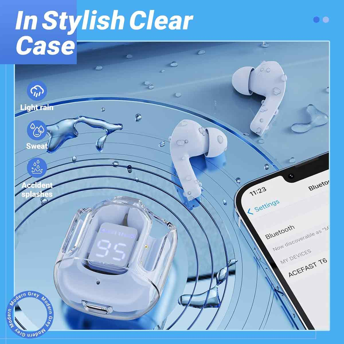 Weiße Ohrhörer in einer durchsichtigen Hülle mit einem Telefon, das Bluetooth-Einstellungen zeigt. Wassertropfen und Symbole umgeben die Hülle.