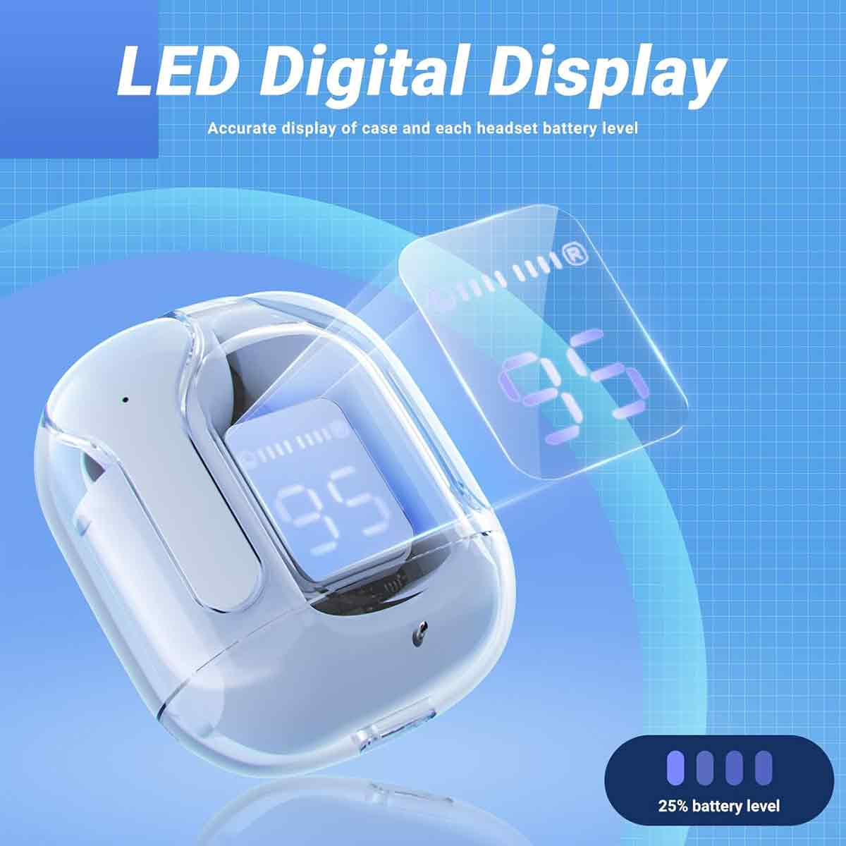 Weißes Ohrhörer-Etui mit LED-Anzeige, die 95 % Akkulaufzeit anzeigt. Der Prozentsatz ist auch auf dem Gerät.