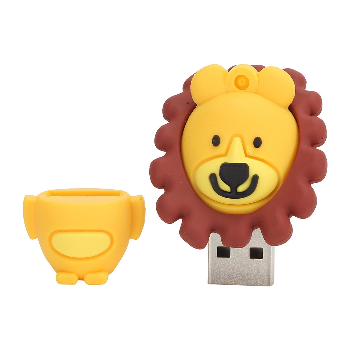 Löwenförmiger USB-Stick und seine Abdeckung. Gelbe und braune Farben.