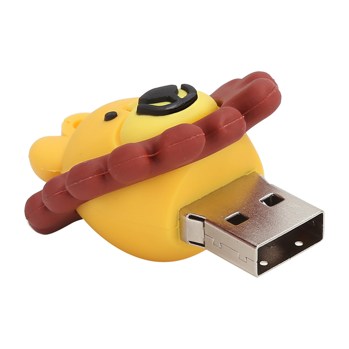 Ein gelber USB-Stick in Form eines Löwen mit brauner Mähne. Der USB-Anschluss ist sichtbar.