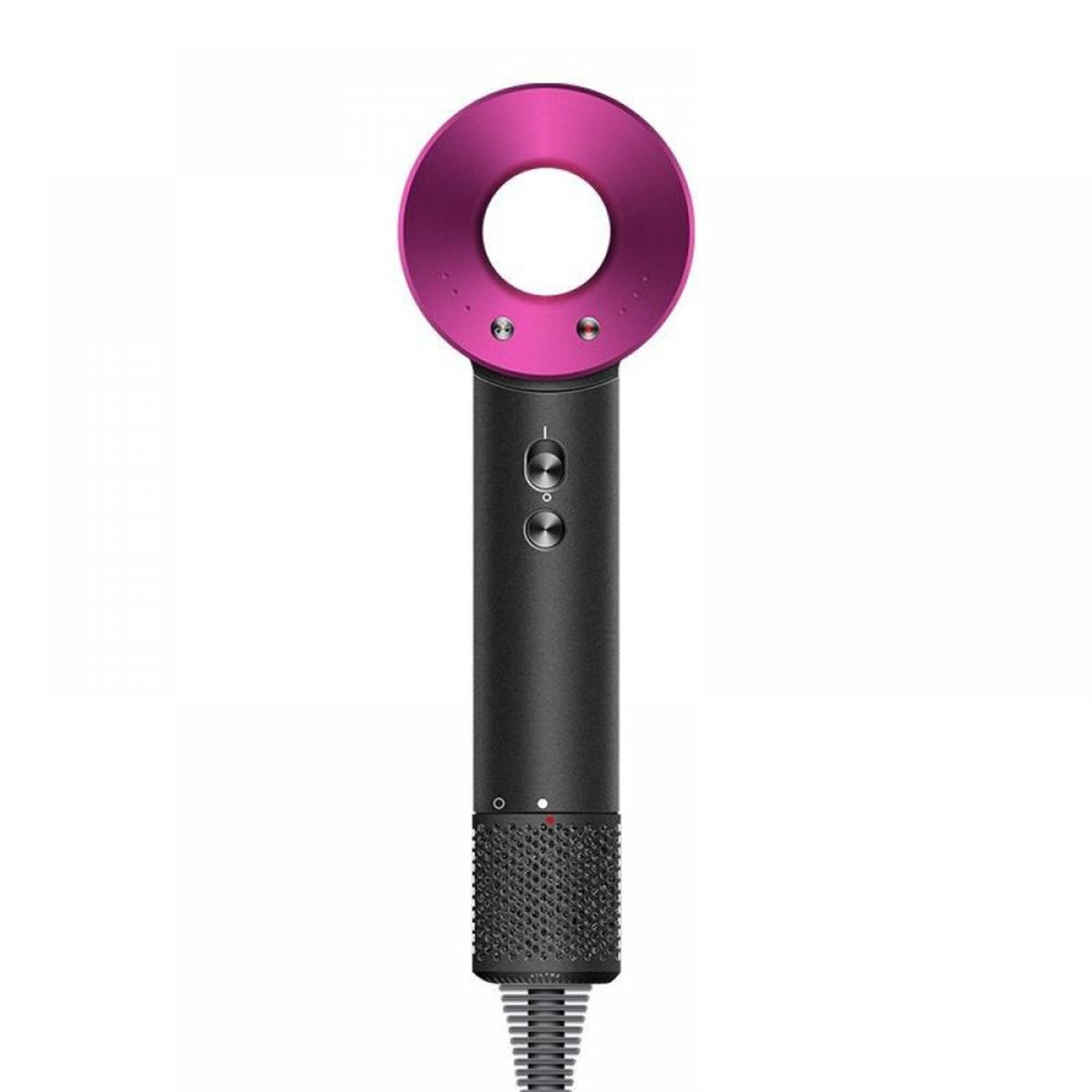 Pinkfarbener und schwarzer Dyson-Haartrockner mit rundem Kopf und Griff.