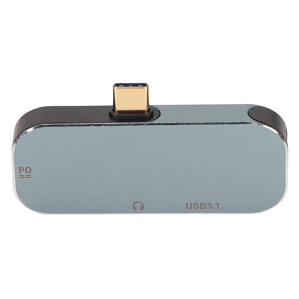 Ein grauer und schwarzer USB-C-Adapter mit USB3.1 und Kopfhörer-Symbolen, isoliert auf Weiß.