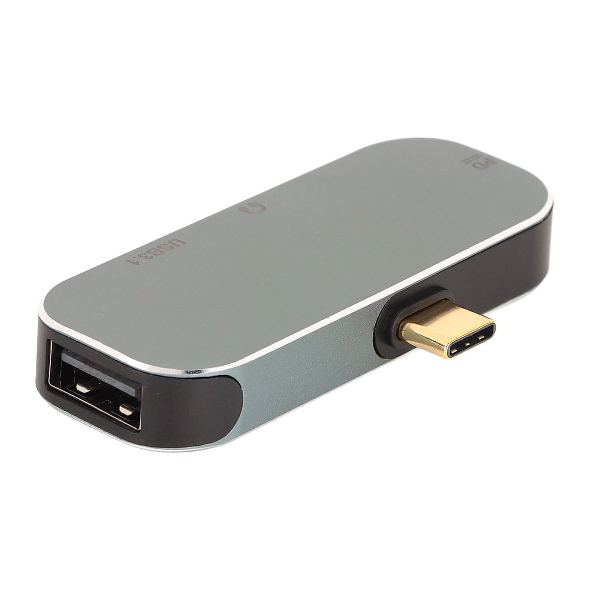 Silberner und grauer USB-Hub mit USB- und USB-C-Anschlüssen. Weißer Hintergrund.