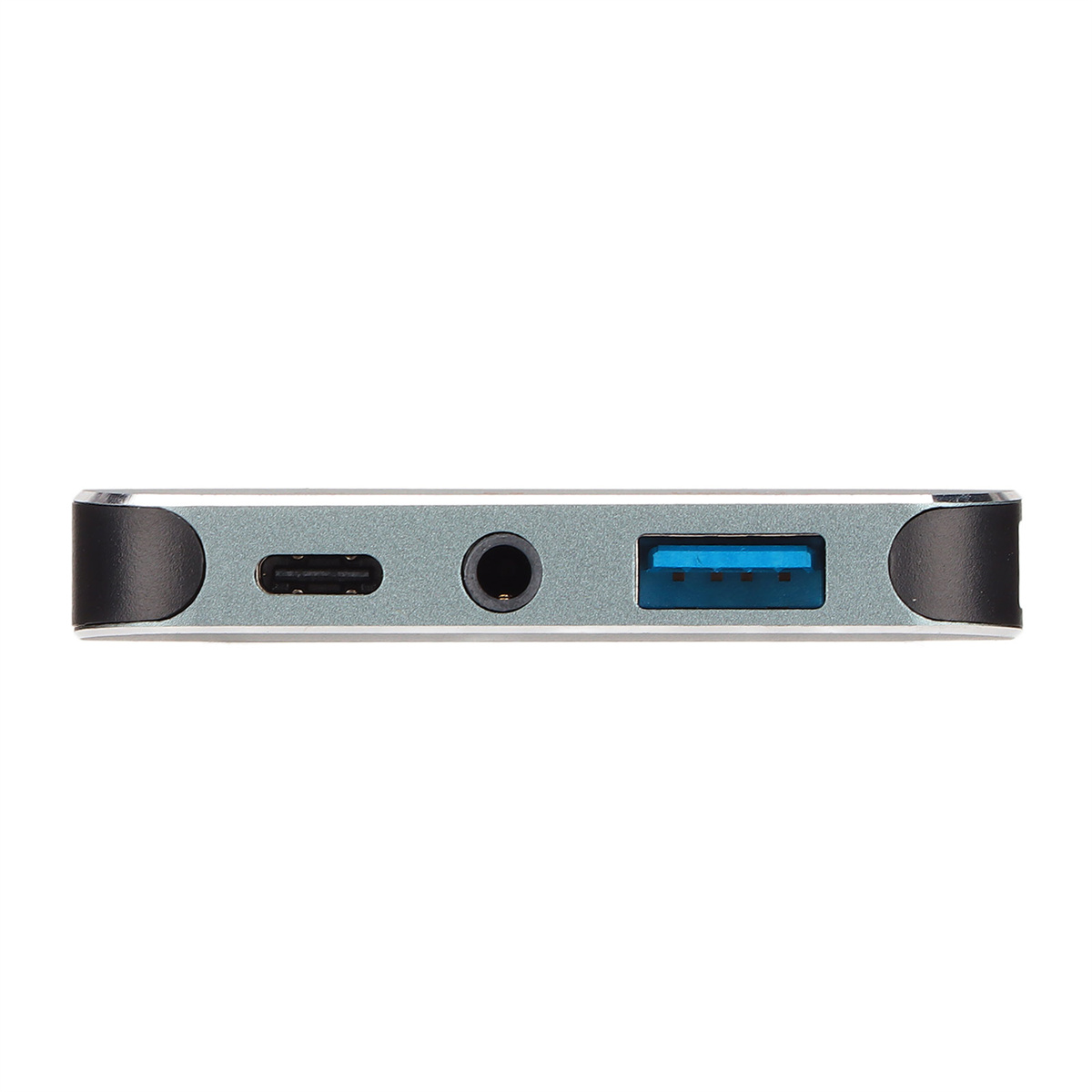 Silbernes und schwarzes Gerät mit USB-, Audio- und Ladeanschlüssen.
