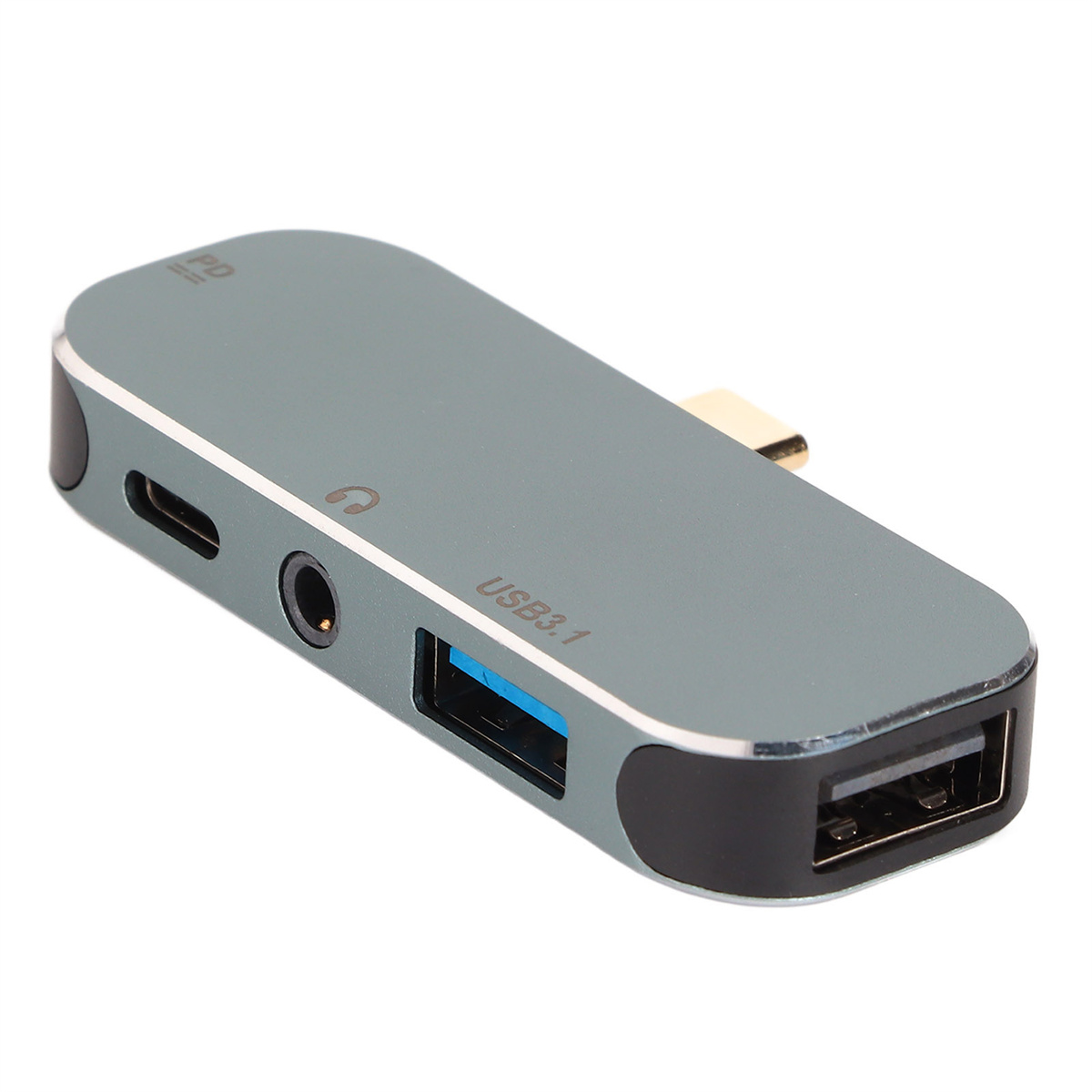 Ein grauer USB-Hub mit mehreren Anschlüssen, darunter USB 3.1 und Klinkenanschluss.