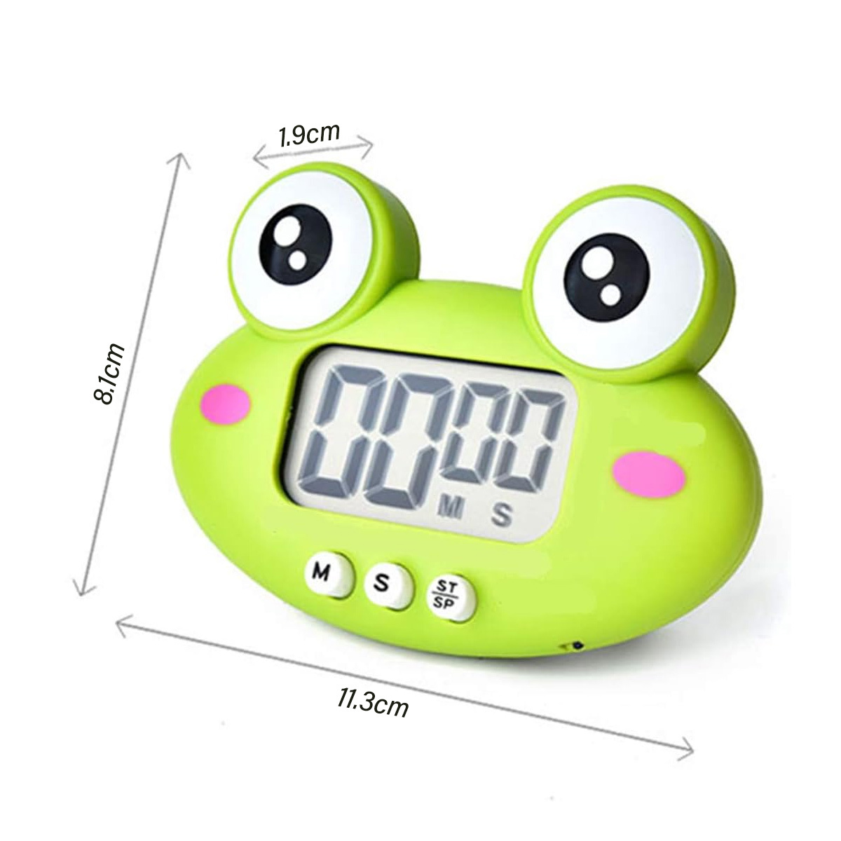 Grüner froschförmiger Timer mit digitaler Anzeige 00:00, mit Abmessungen in Zentimetern.
