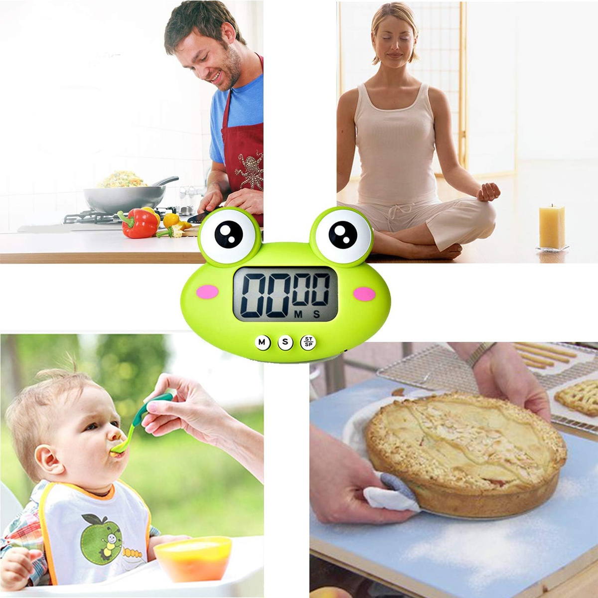 Froschförmiger Timer mit Digitalanzeige. Enthält Szenen mit Essen, Yoga und Baby.