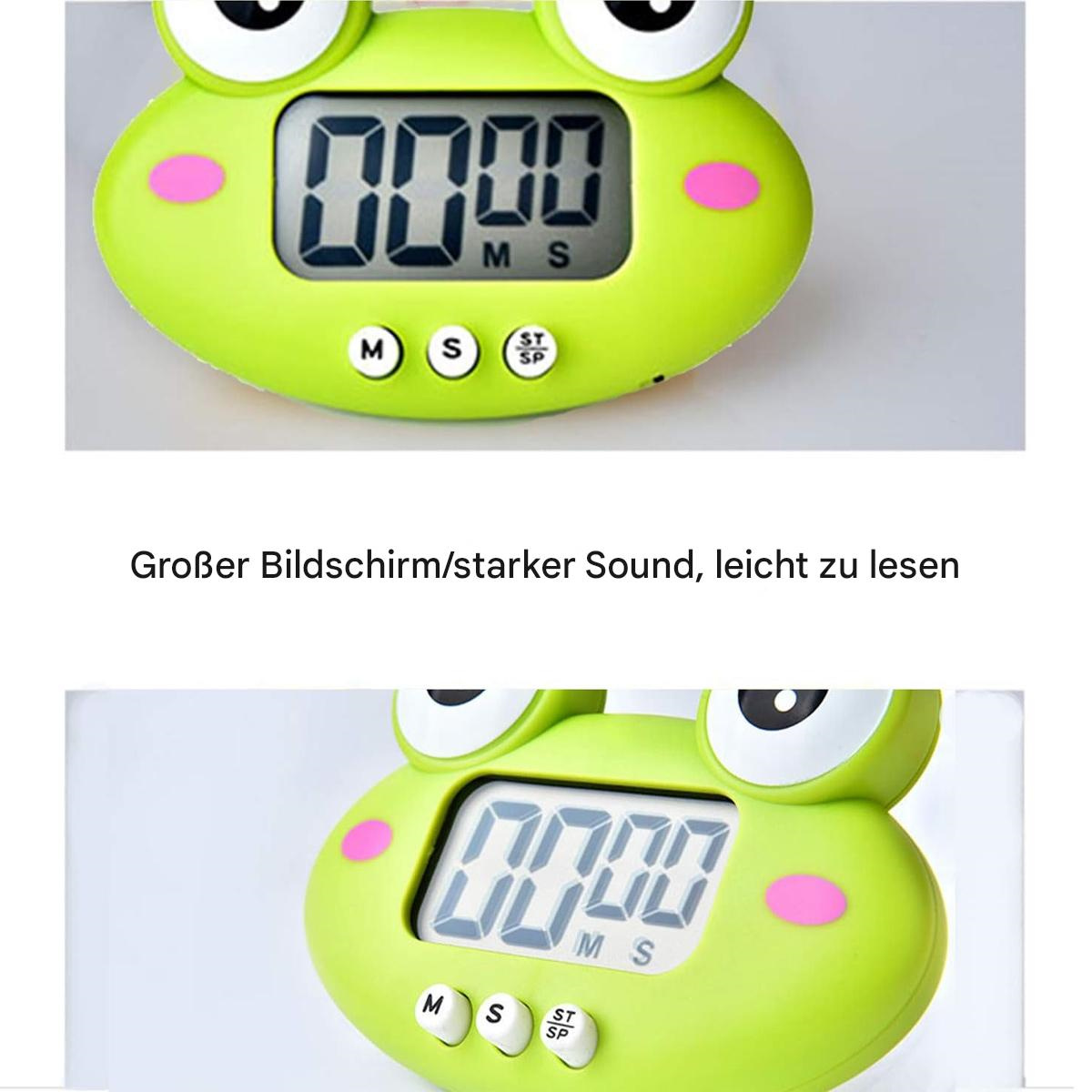 Grüner froschförmiger Timer mit Digitalanzeige. Zeigt Zahlen und hat M-, S-, ST- und SP-Tasten.