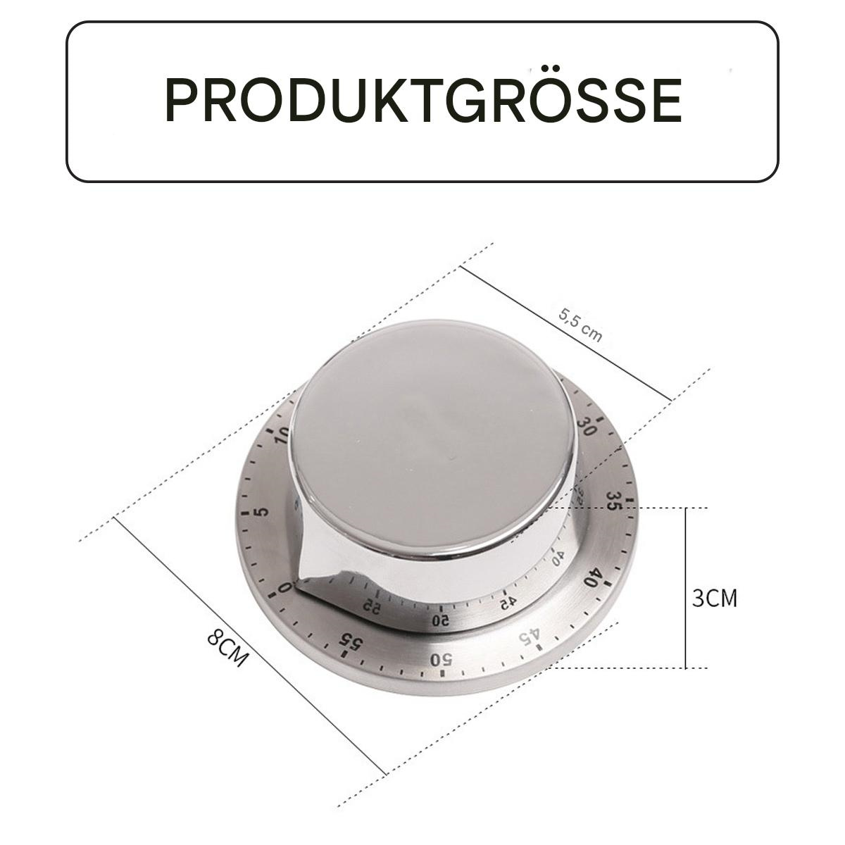 Ein silbernes Timer-Zifferblatt mit schwarzen Zahlen, mit Abmessungen von 8 cm, 5,5 cm und 3 cm, mit cm-Etiketten.