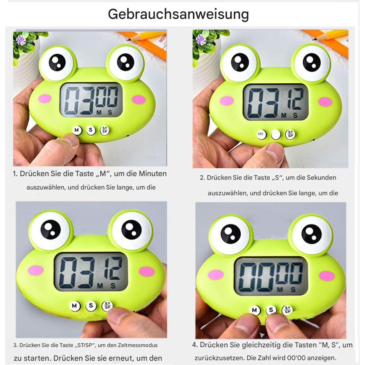 Vier Bilder eines grünen froschförmigen Timers mit Anweisungen zum Einstellen des Timers werden gezeigt.
