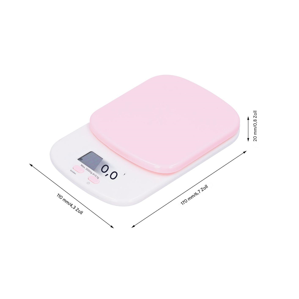 Eine rosa und weiße digitale Küchenwaage. Abmessungen werden in Millimetern und Zoll angezeigt.