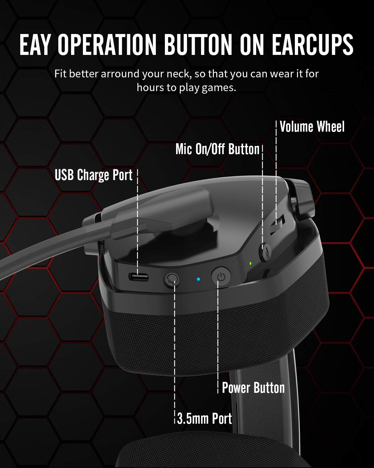 Schwarzes Gaming-Headset mit Seitentasten und USB-Anschluss. Text: 'EAY OPERATION BUTTON ON EARCUPS'.