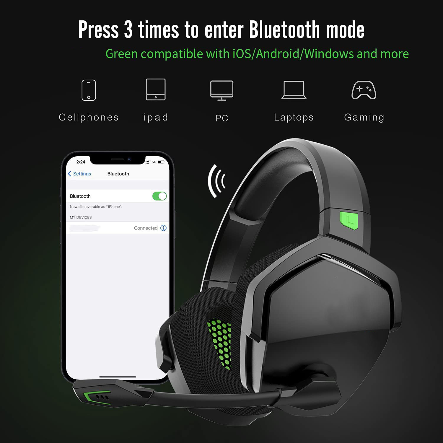 Schwarzes Headset mit Telefon und Textblasen. Zeigt die Verbindung zu einem Telefon über Bluetooth.