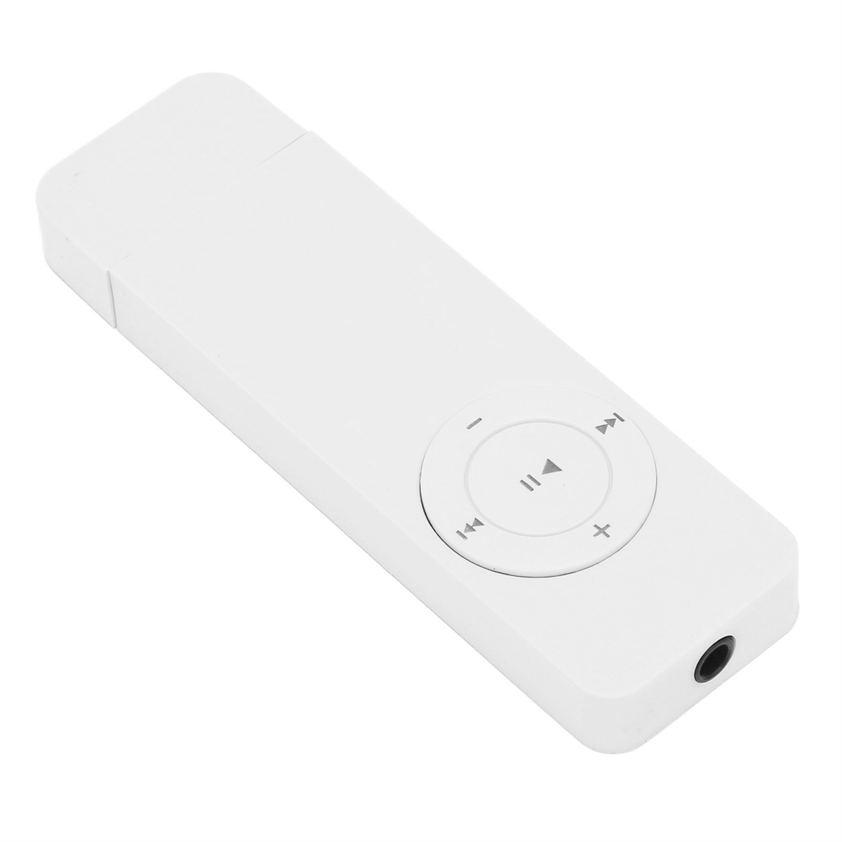 Weißer, kleiner MP3-Player mit Knöpfen und Kopfhöreranschluss, auf weißem Hintergrund.