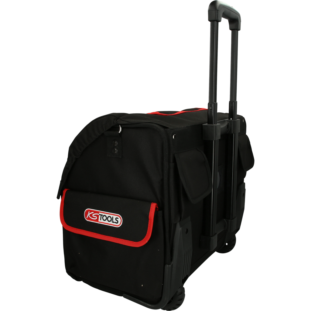 Borsa portautensili nera con finiture rosse, logo KS TOOLS e manico nero. Sfondo bianco.