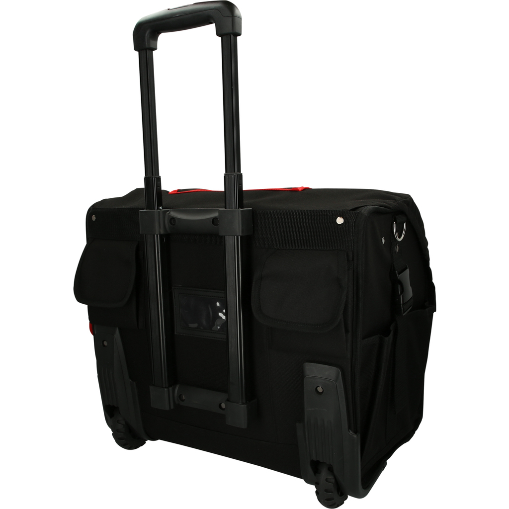 Borsa portautensili nera con ruote. Con tasche, maniglia e ruote. Isolato su sfondo bianco.