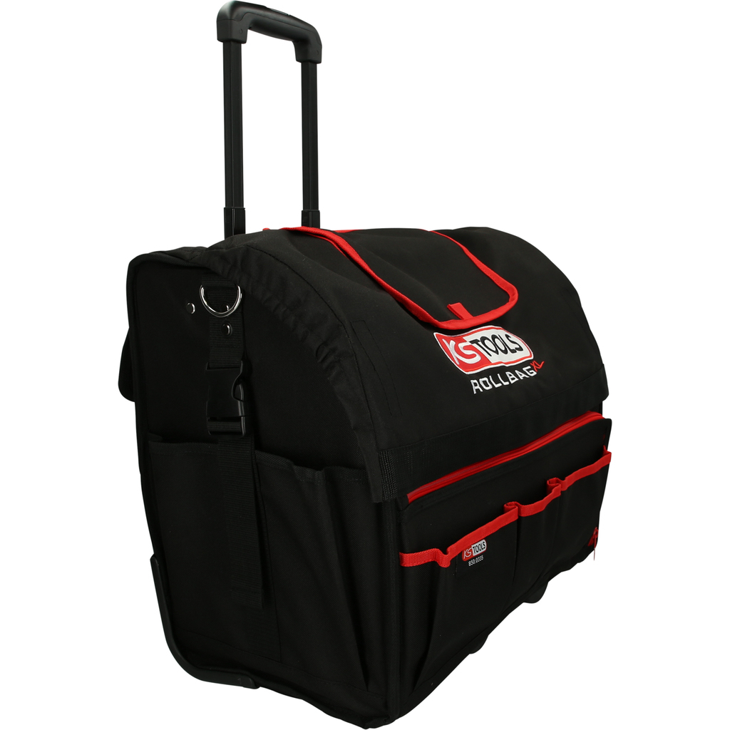 Una borsa con rotelle KS Tools nera e rossa. Ha più tasche e un manico.