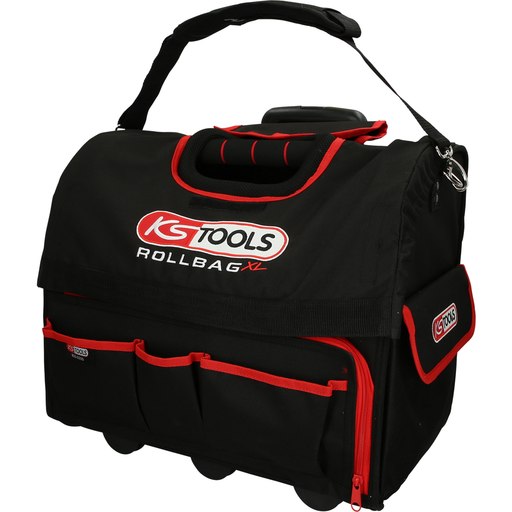Borsa a rotelle KS Tools nera e rossa con ruote e tasche.