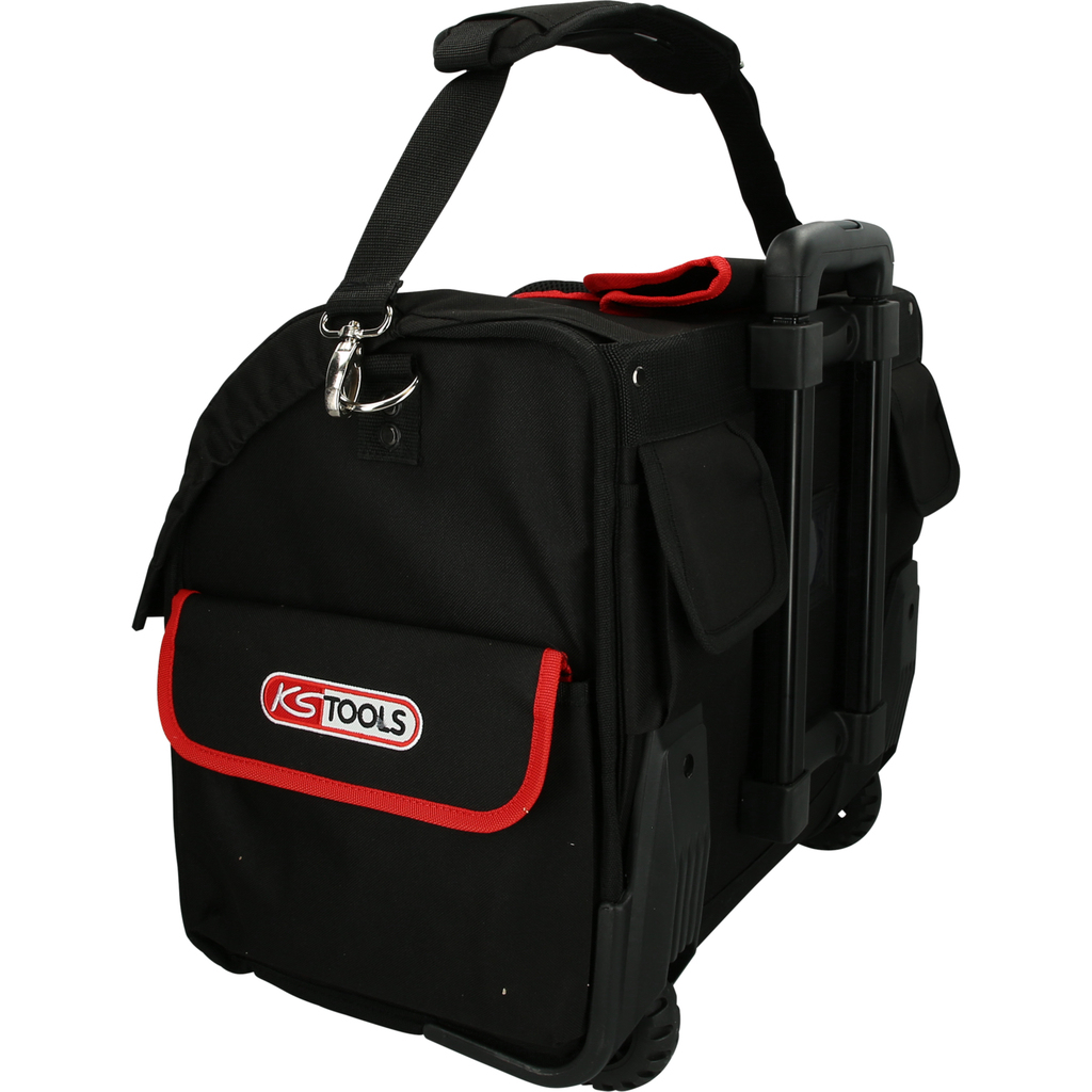 Borsa porta utensili nera con dettagli rossi e maniglia.