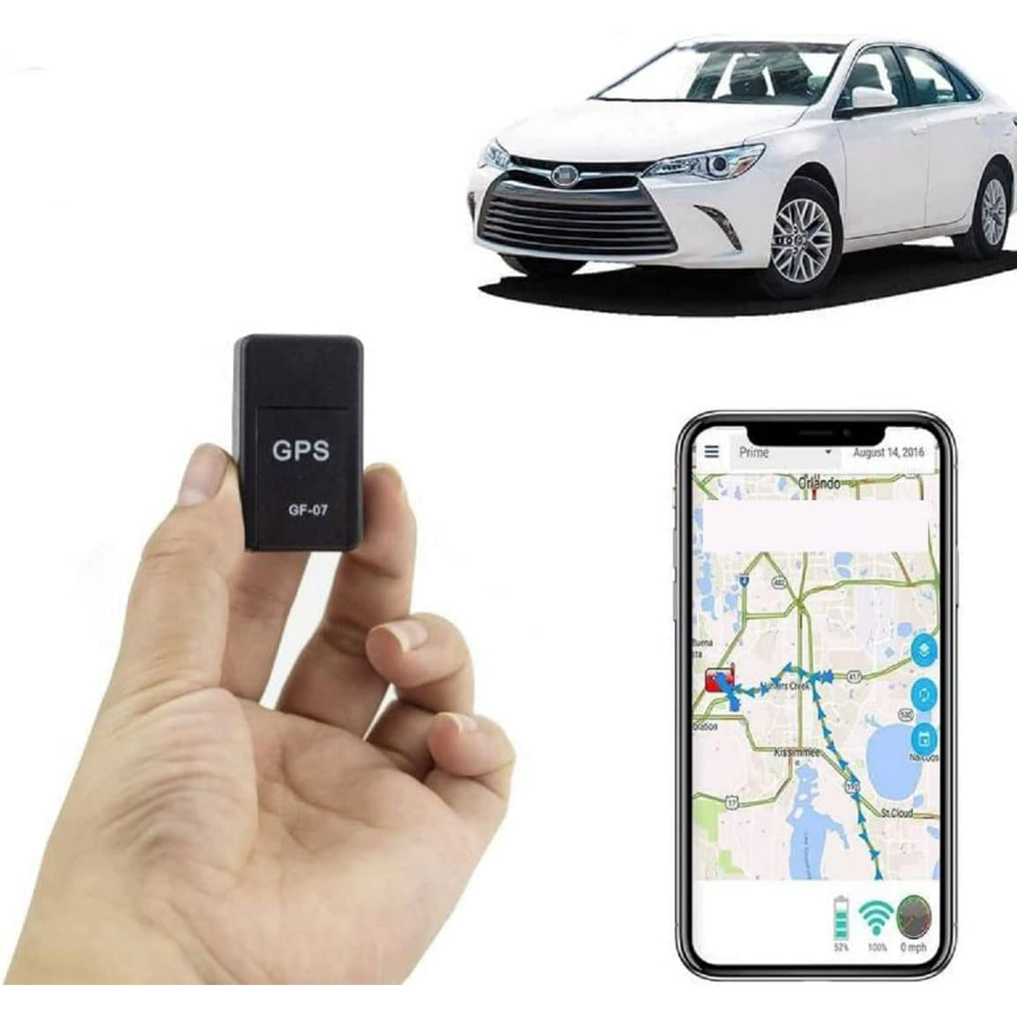 Ein GPS-Tracker in der Hand, ein weißes Auto und ein Telefon mit Karten-App.